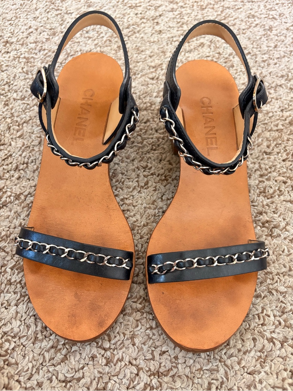 CHANEL Black Leather Chain-Trim Slingback Sandals
